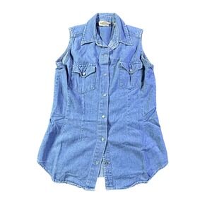 Denim Republic Sleeveless Button Up Shirt Blue Cotton Western Style Size Small